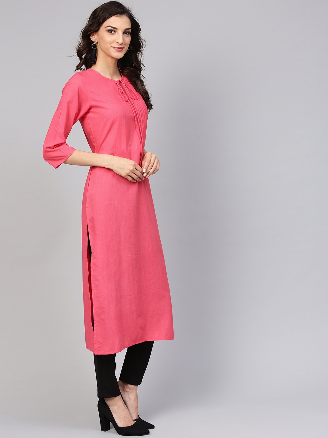 Cotton Pink Even Pleated yoke with Keyhole neckline & 3/4 sleeves | NOZ2TOZ - Made In INDIA.