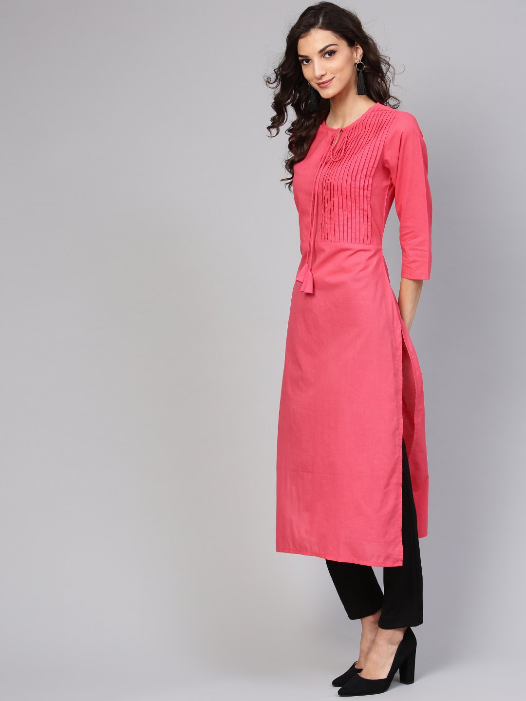 Cotton Pink Even Pleated yoke with Keyhole neckline & 3/4 sleeves | NOZ2TOZ - Made In INDIA.