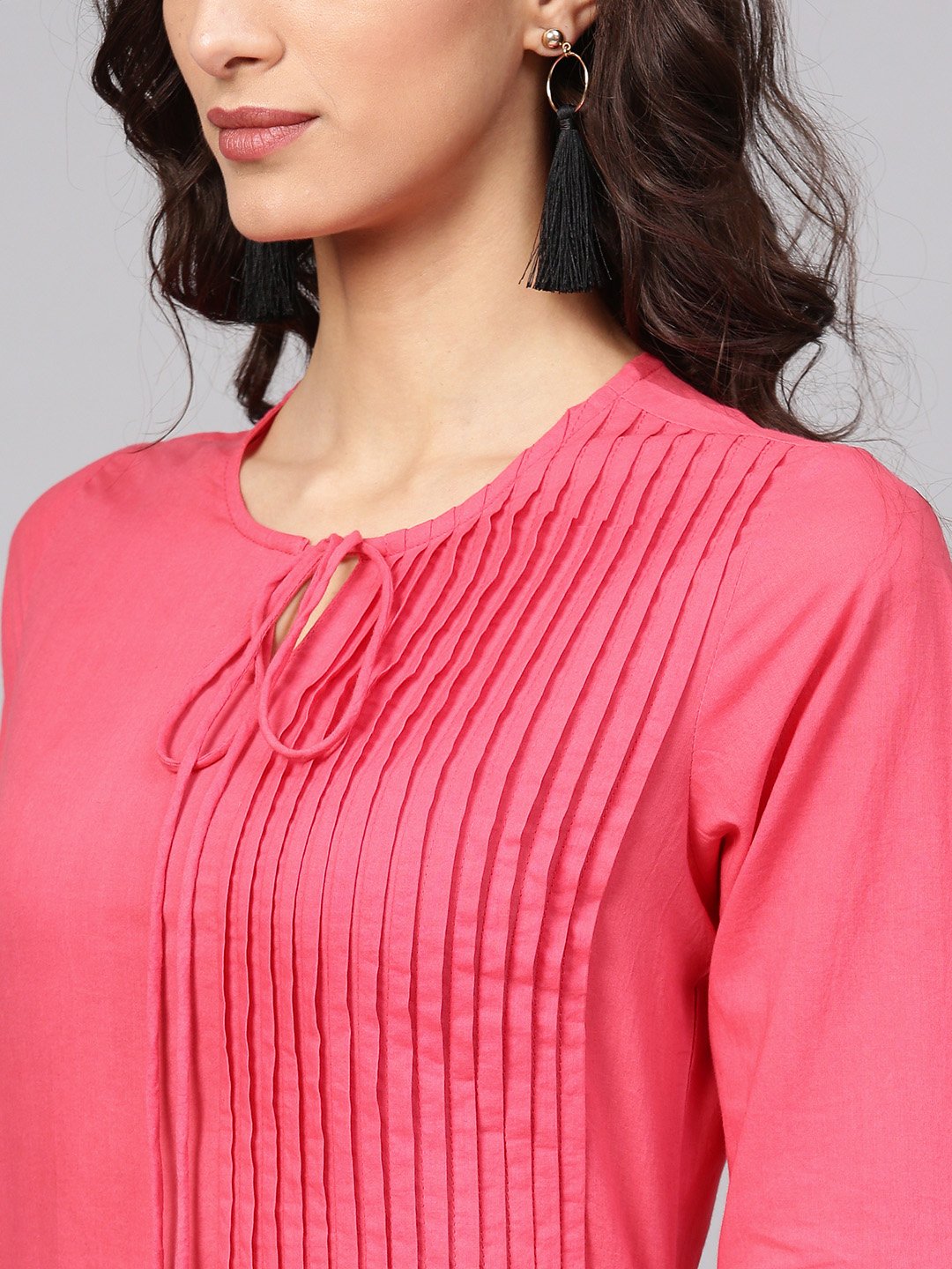 Cotton Pink Even Pleated yoke with Keyhole neckline & 3/4 sleeves | NOZ2TOZ - Made In INDIA.