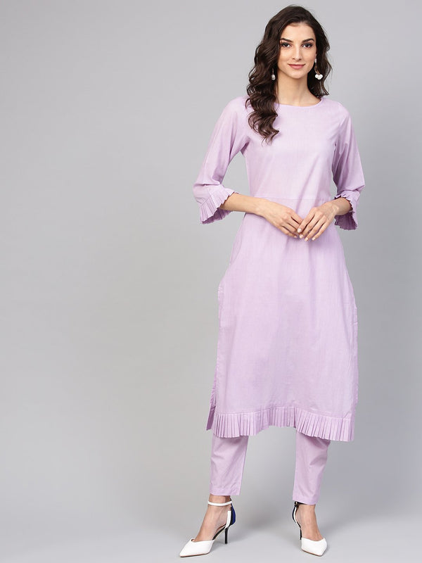 Lavender cotton Kurta set with detailed 3/4 sleeves | NOZ2TOZ - Made In INDIA.