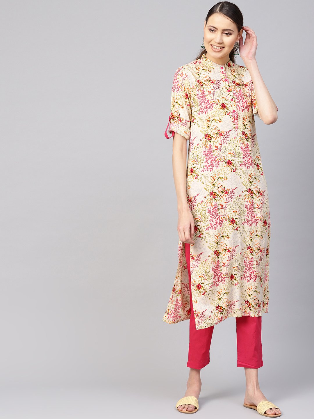 Women Cream-Coloured & Pink Printed Kurta with Trousers | NOZ2TOZ - Made In INDIA.