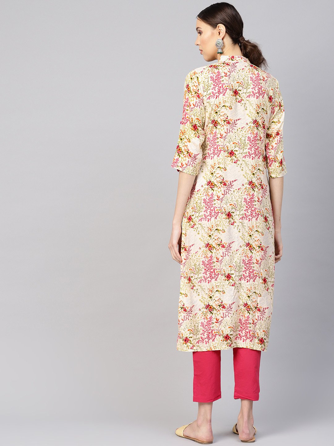 Women Cream-Coloured & Pink Printed Kurta with Trousers | NOZ2TOZ - Made In INDIA.