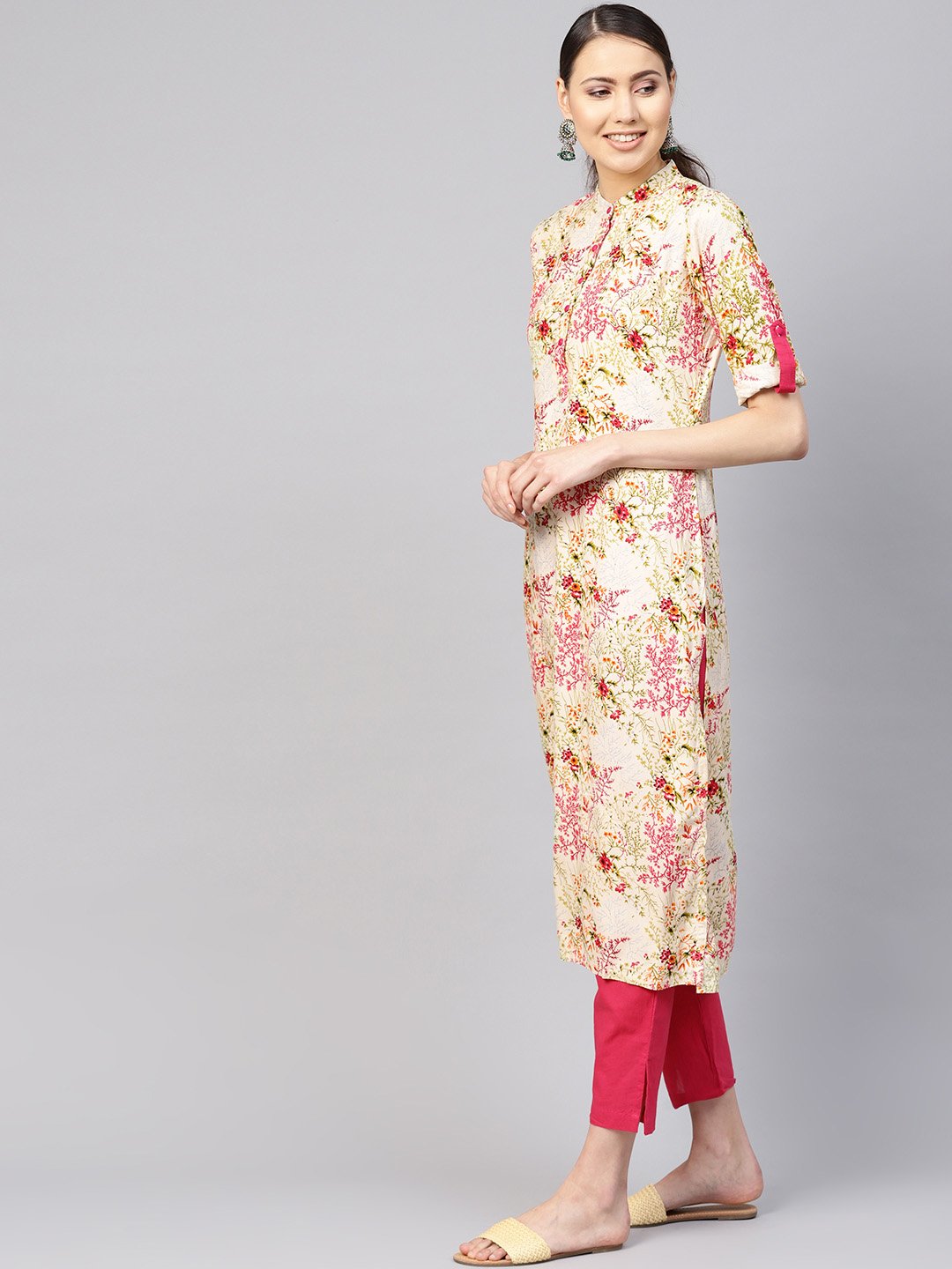 Women Cream-Coloured & Pink Printed Kurta with Trousers | NOZ2TOZ - Made In INDIA.