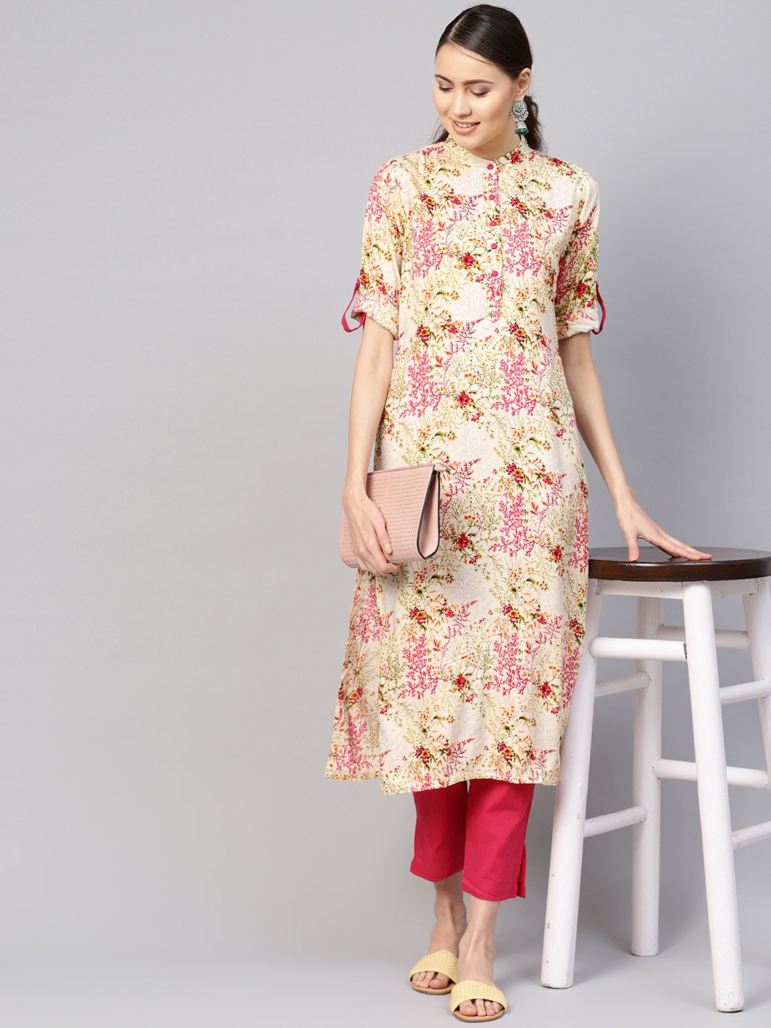 Women Cream-Coloured & Pink Printed Kurta with Trousers | NOZ2TOZ - Made In INDIA.