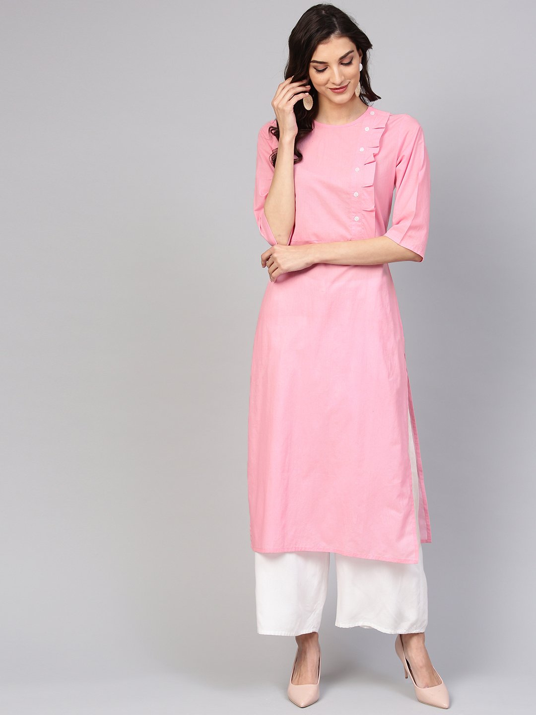 Baby Pink Round neck cotton Kurta with Side yoke & 3/4 sleeves | NOZ2TOZ - Made In INDIA.