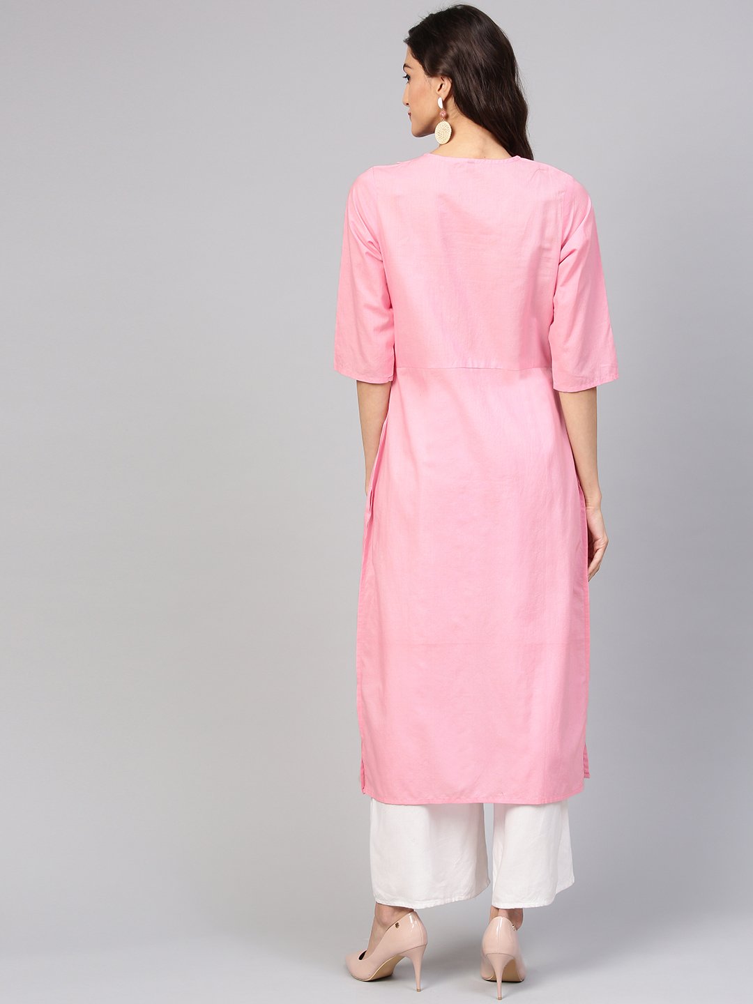 Baby Pink Round neck cotton Kurta with Side yoke & 3/4 sleeves | NOZ2TOZ - Made In INDIA.