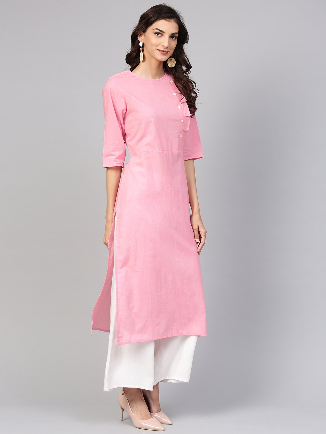 Baby Pink Round neck cotton Kurta with Side yoke & 3/4 sleeves | NOZ2TOZ - Made In INDIA.