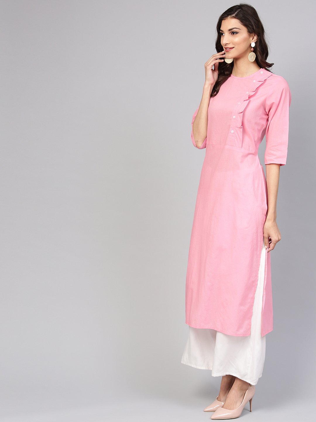 Baby Pink Round neck cotton Kurta with Side yoke & 3/4 sleeves | NOZ2TOZ - Made In INDIA.