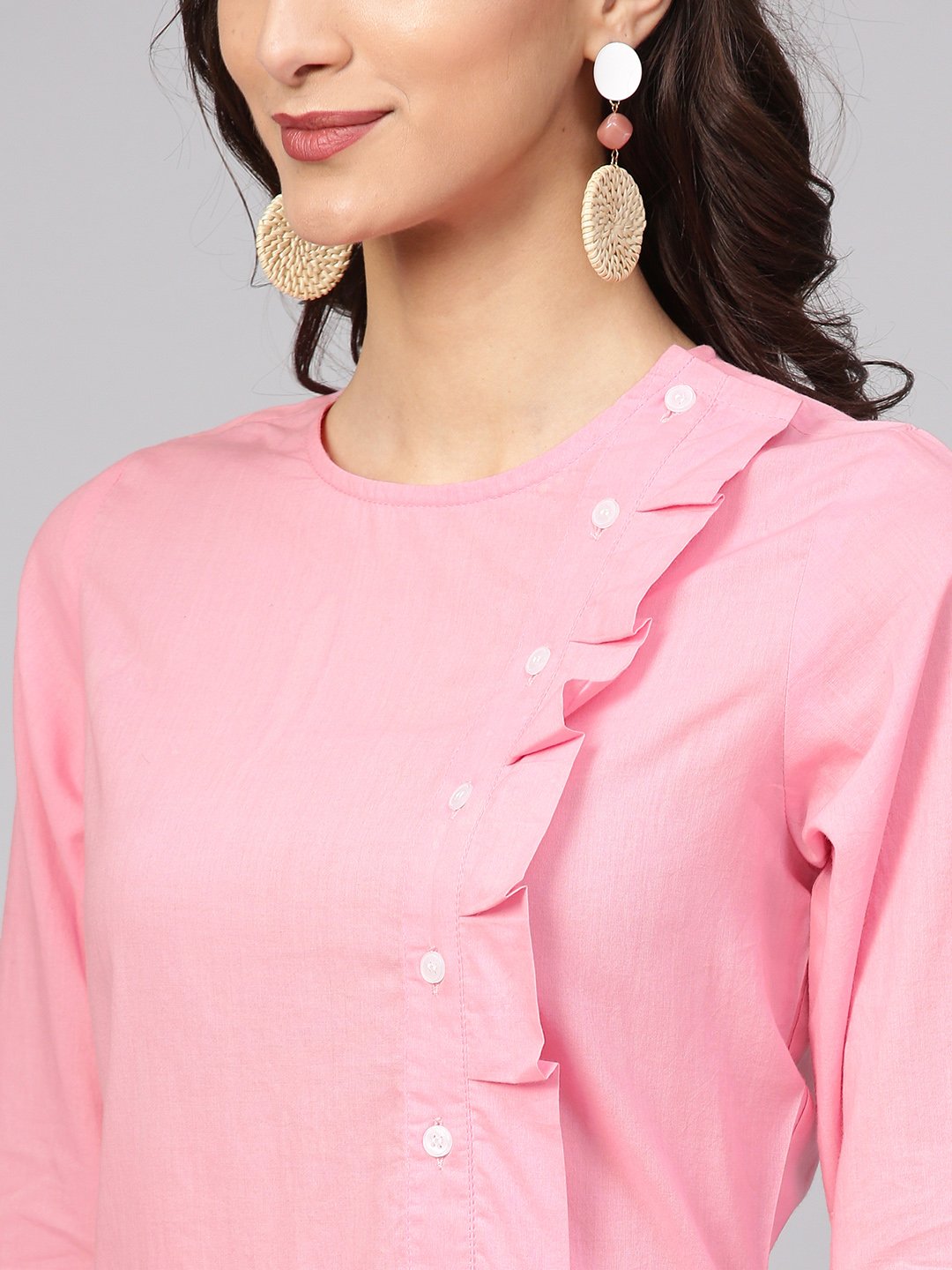 Baby Pink Round neck cotton Kurta with Side yoke & 3/4 sleeves | NOZ2TOZ - Made In INDIA.