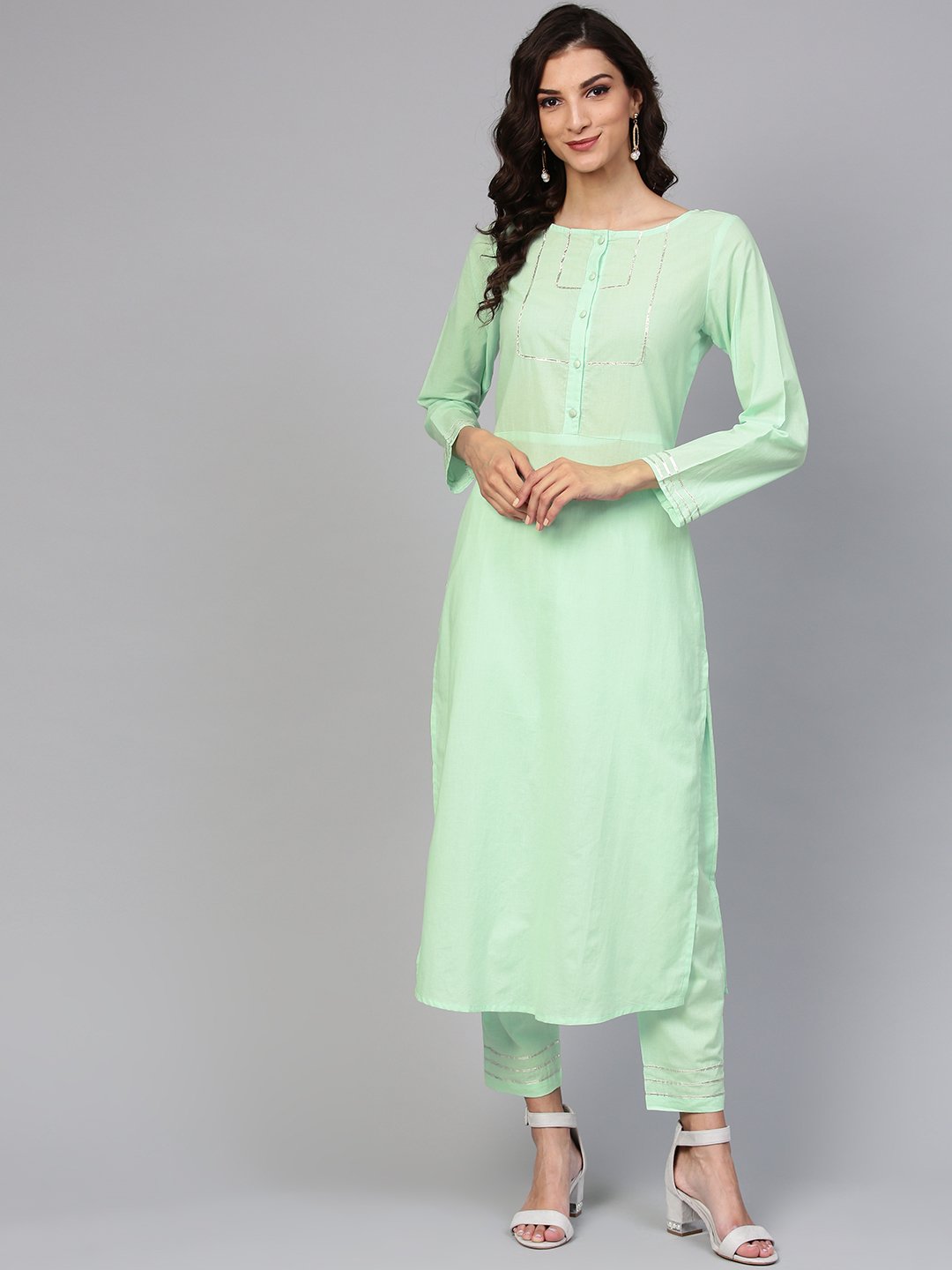 Cotton Round neck Pastel Mint green straight kurta with front placket & 3/4 sleeves | NOZ2TOZ - Made In INDIA.