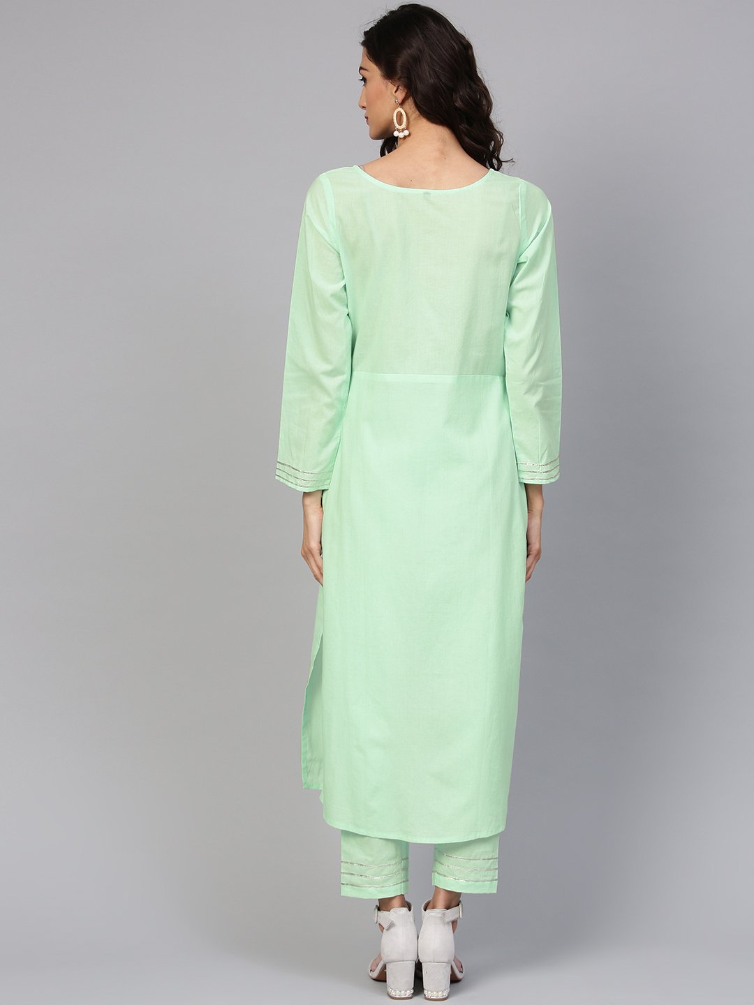 Cotton Round neck Pastel Mint green straight kurta with front placket & 3/4 sleeves | NOZ2TOZ - Made In INDIA.