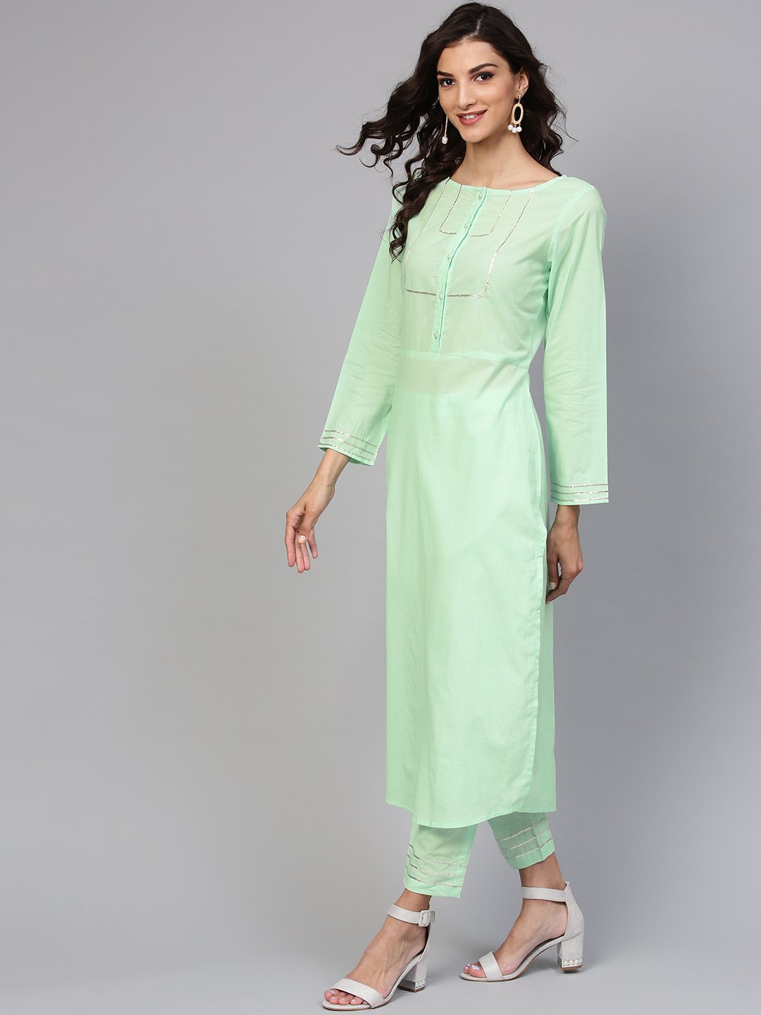 Cotton Round neck Pastel Mint green straight kurta with front placket & 3/4 sleeves | NOZ2TOZ - Made In INDIA.