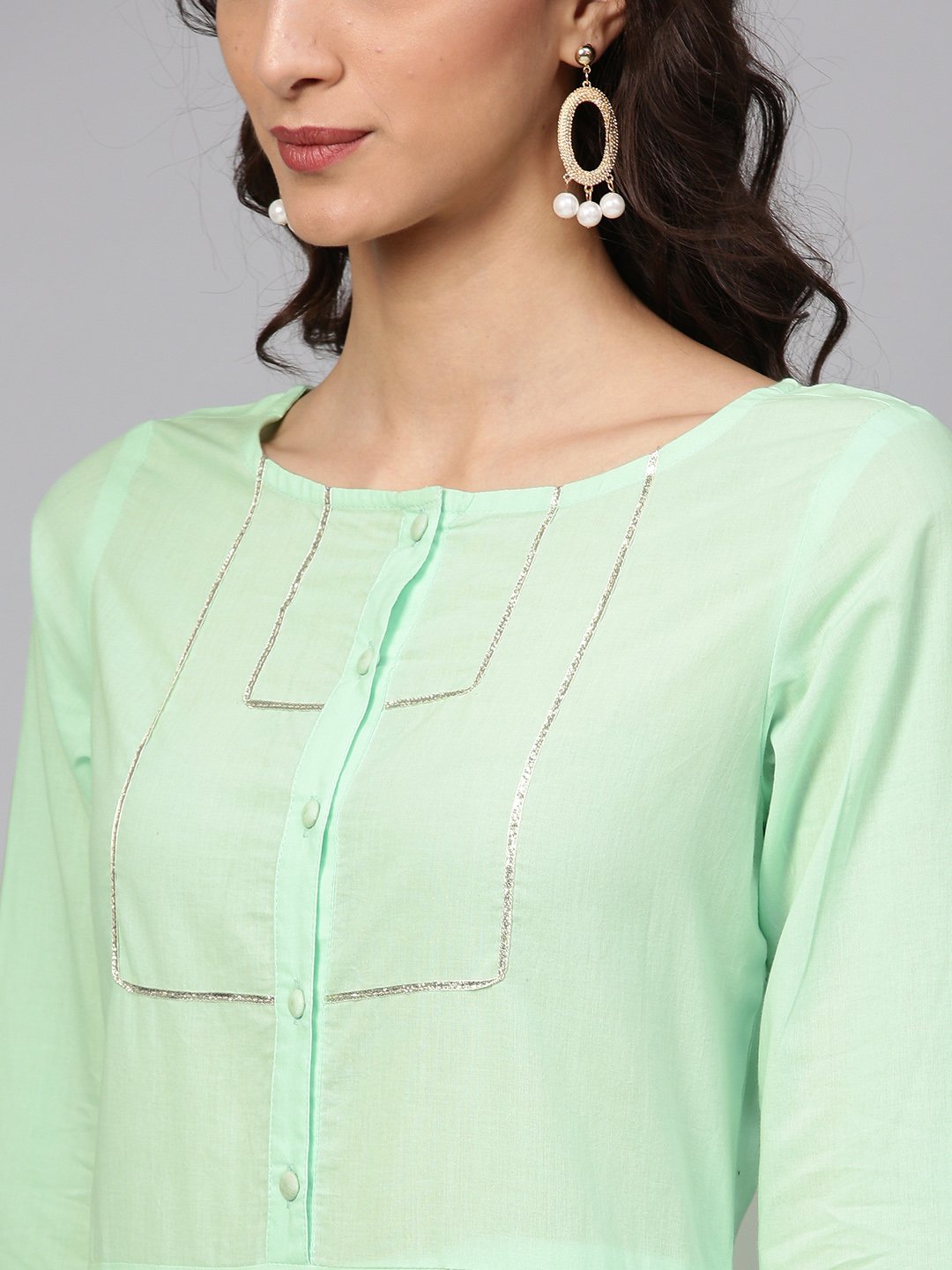 Cotton Round neck Pastel Mint green straight kurta with front placket & 3/4 sleeves | NOZ2TOZ - Made In INDIA.