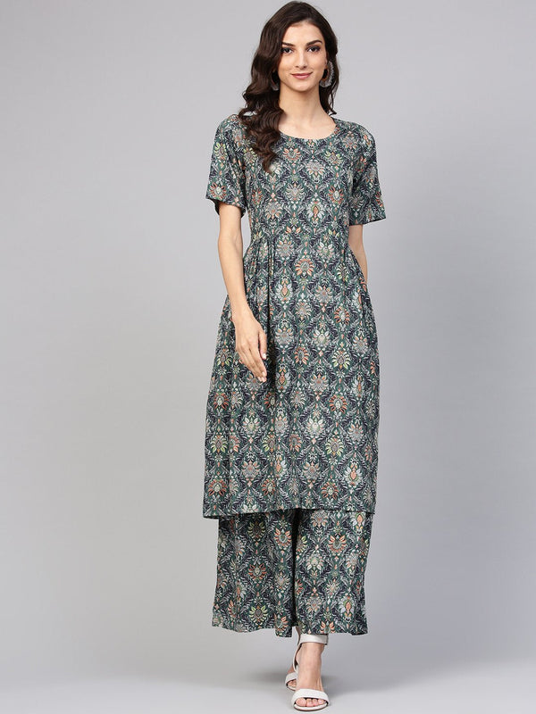 Dark green pleated anarkali Kurta with ankle length palazzo | NOZ2TOZ - Made In INDIA.