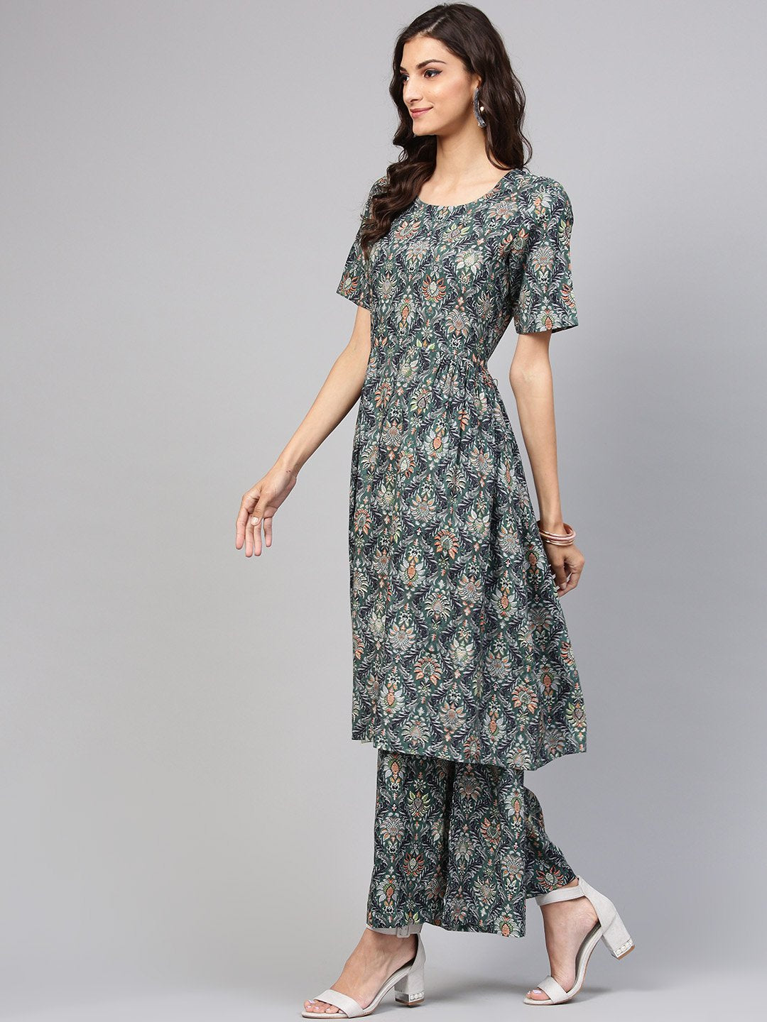 Dark green pleated anarkali Kurta with ankle length palazzo | NOZ2TOZ - Made In INDIA.