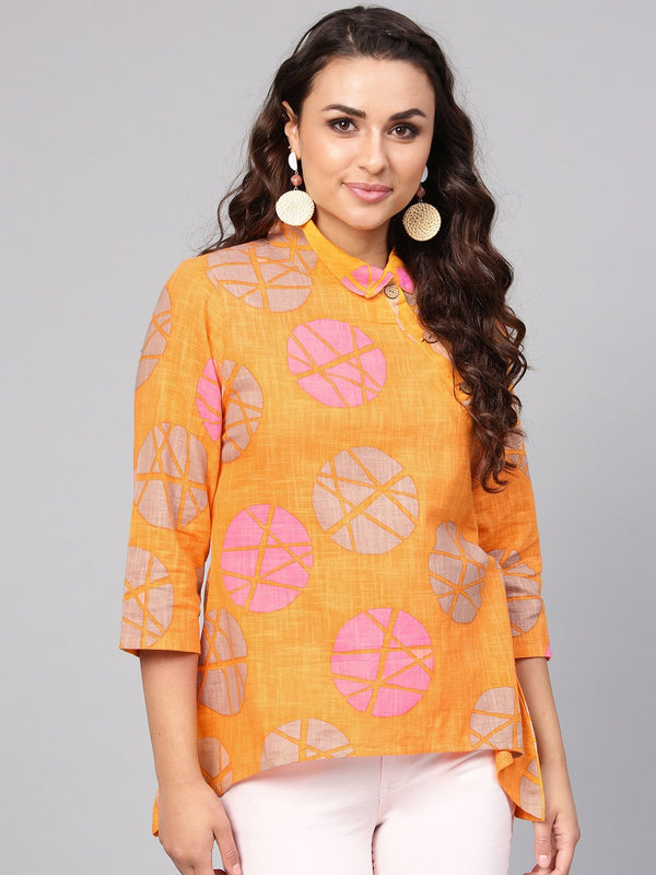 Geometric printed Yellow cotton tunic with side placket & 3/4 sleeves | NOZ2TOZ - Made In INDIA.