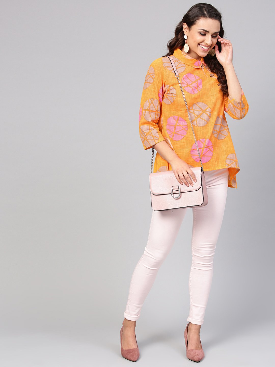 Geometric printed Yellow cotton tunic with side placket & 3/4 sleeves | NOZ2TOZ - Made In INDIA.