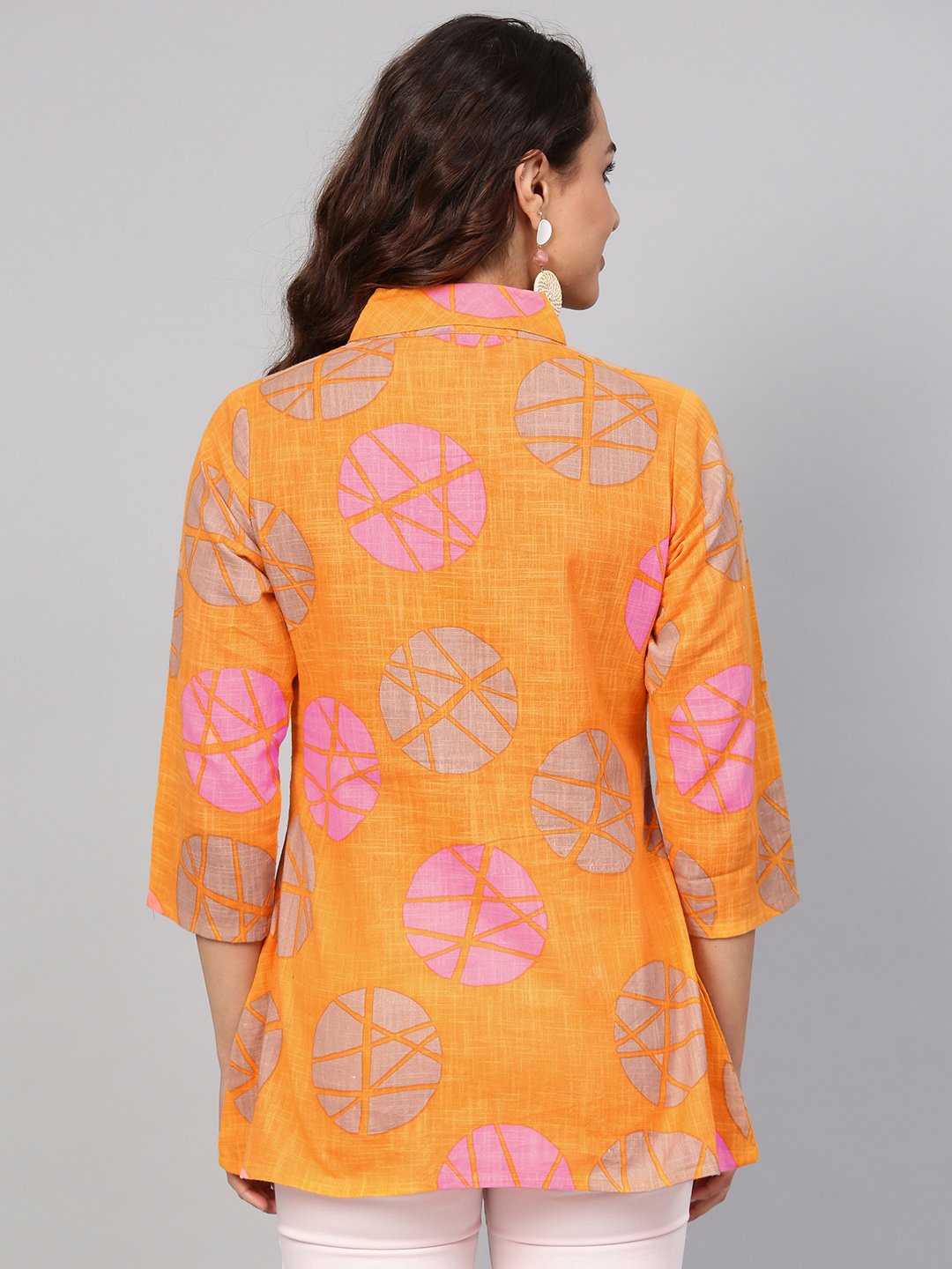 Geometric printed Yellow cotton tunic with side placket & 3/4 sleeves | NOZ2TOZ - Made In INDIA.