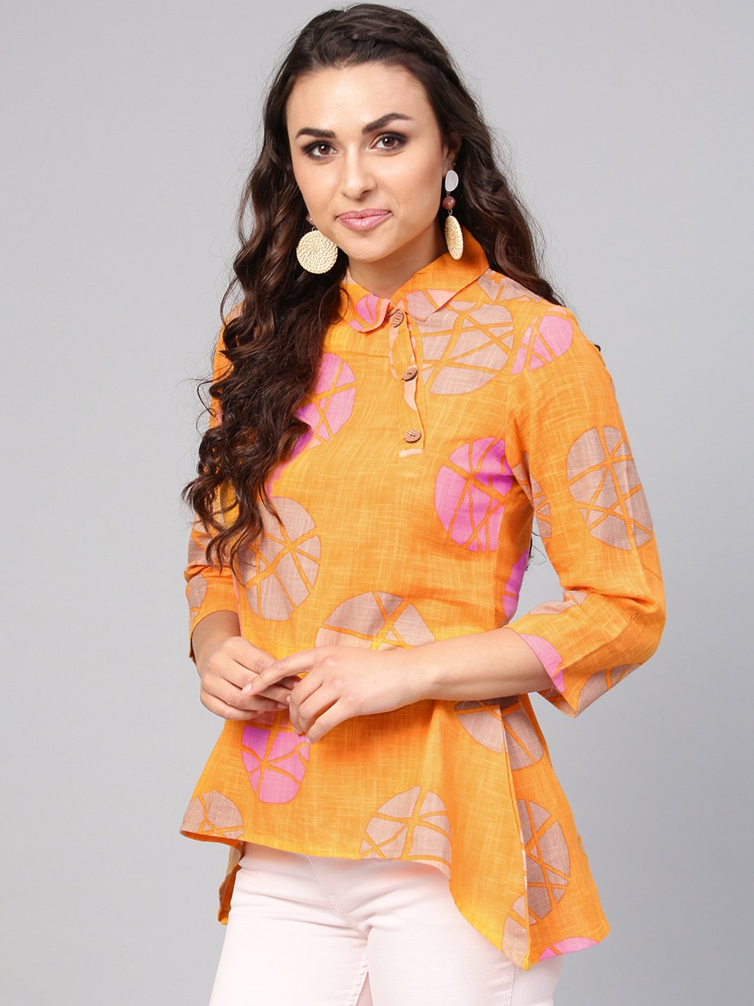 Geometric printed Yellow cotton tunic with side placket & 3/4 sleeves | NOZ2TOZ - Made In INDIA.