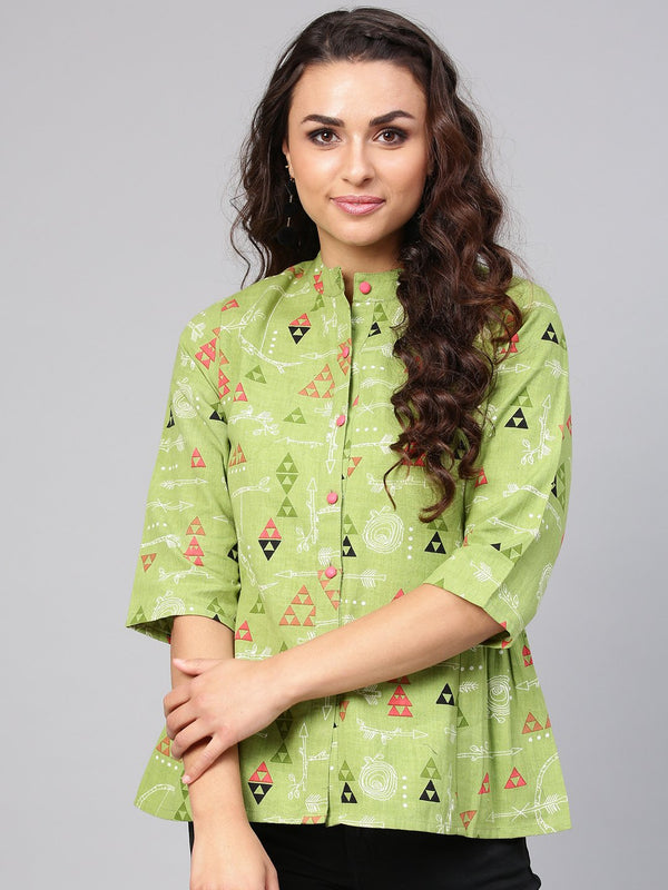 Light Green Tribal Print tunic with Mandarin collar & 3/4 sleeves | NOZ2TOZ - Made In INDIA.