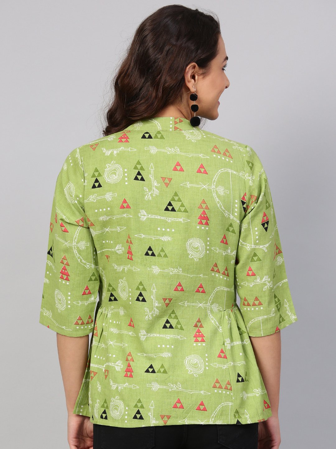 Light Green Tribal Print tunic with Mandarin collar & 3/4 sleeves | NOZ2TOZ - Made In INDIA.