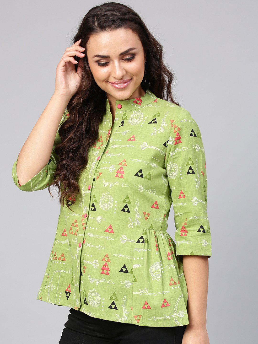 Light Green Tribal Print tunic with Mandarin collar & 3/4 sleeves | NOZ2TOZ - Made In INDIA.