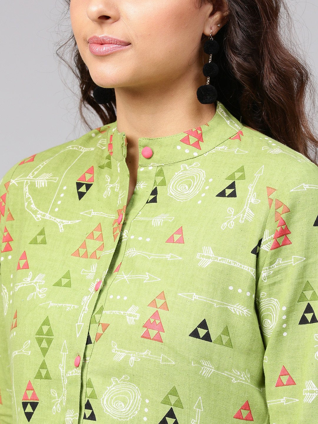 Light Green Tribal Print tunic with Mandarin collar & 3/4 sleeves | NOZ2TOZ - Made In INDIA.