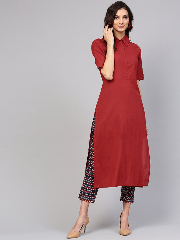 Solid maroon shirt collared kurta with indigo geometric printed pants | NOZ2TOZ - Made In INDIA.