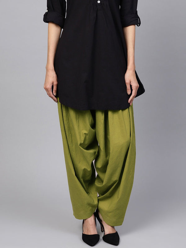 Solid olive green pleated patiala salwar with drawstring detailing | NOZ2TOZ - Made In INDIA.