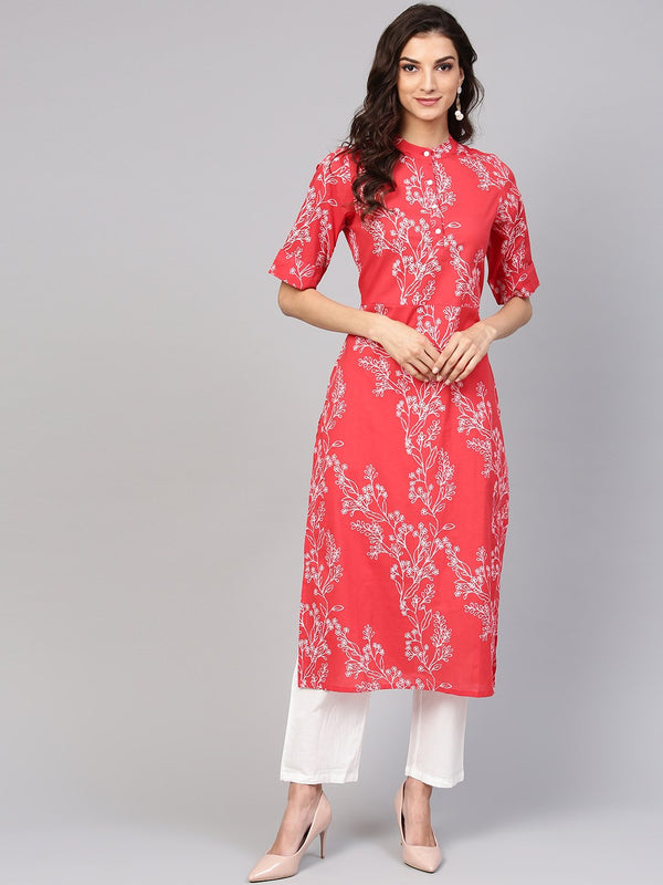 Red Printed half sleeve Kurta Set with White Solid Pants | NOZ2TOZ - Made In INDIA.