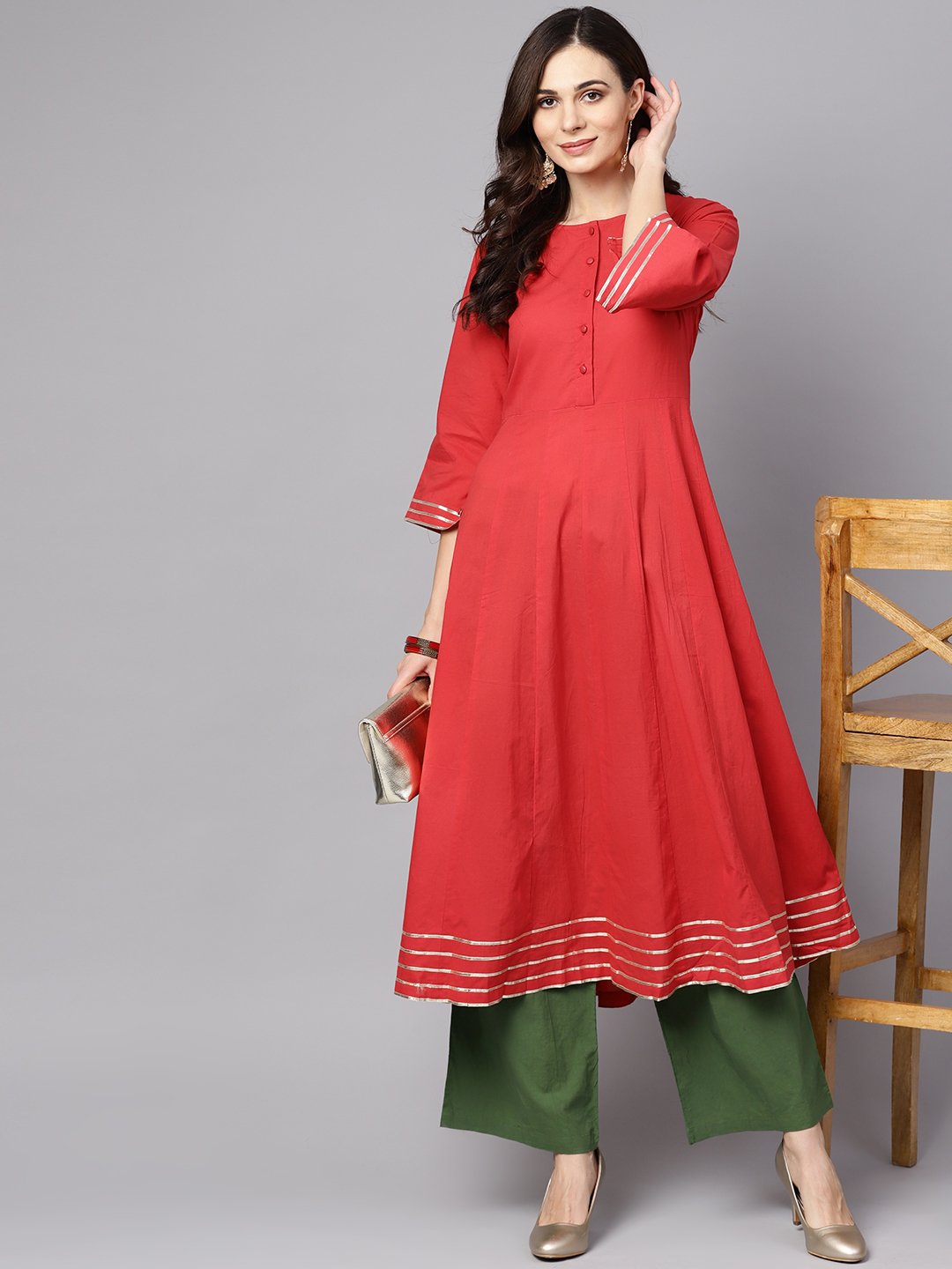 Coral Pink 3/4th sleeve a-line cotton kurta with palazzo | NOZ2TOZ - Made In INDIA.