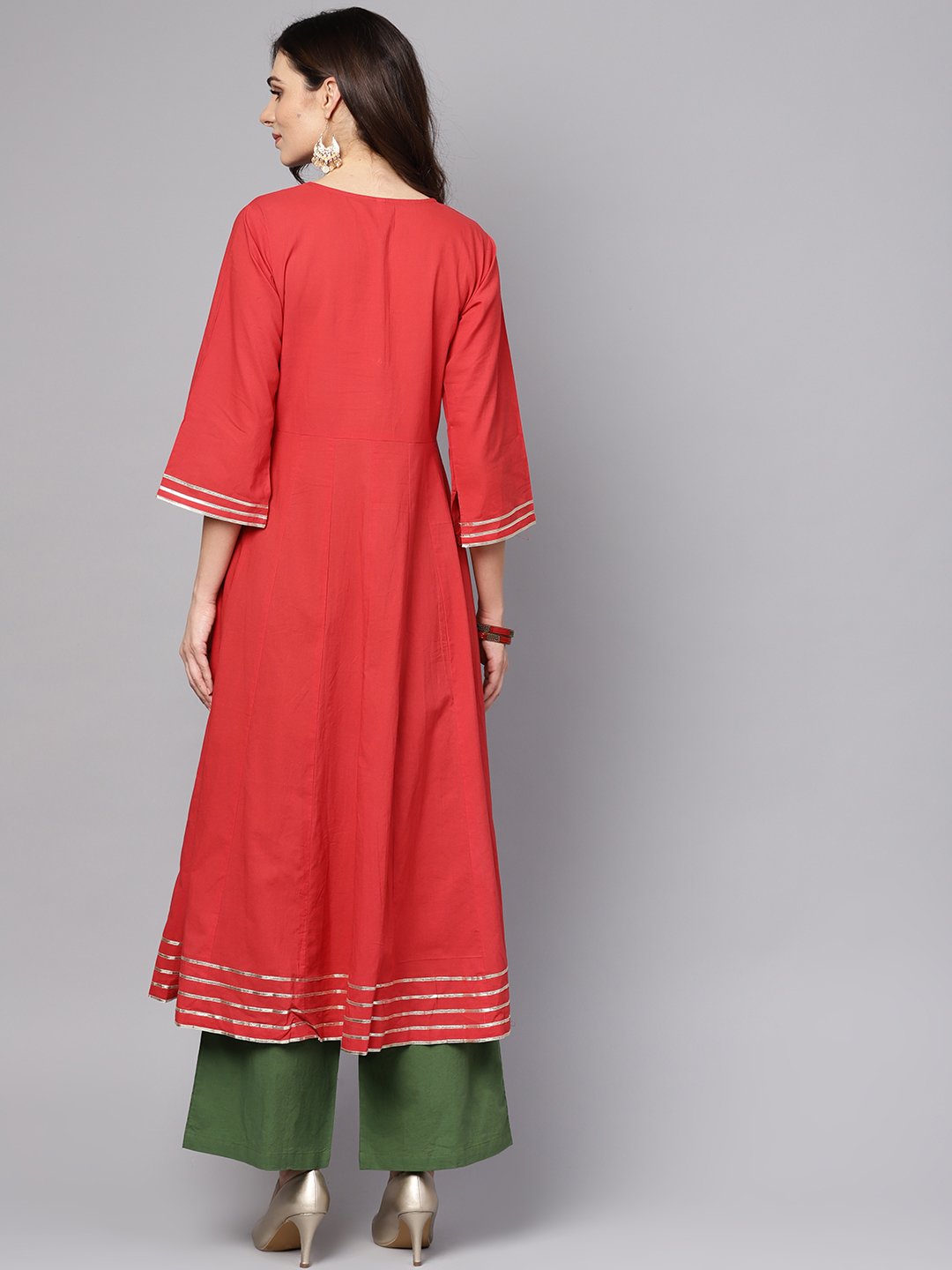 Coral Pink 3/4th sleeve a-line cotton kurta with palazzo | NOZ2TOZ - Made In INDIA.