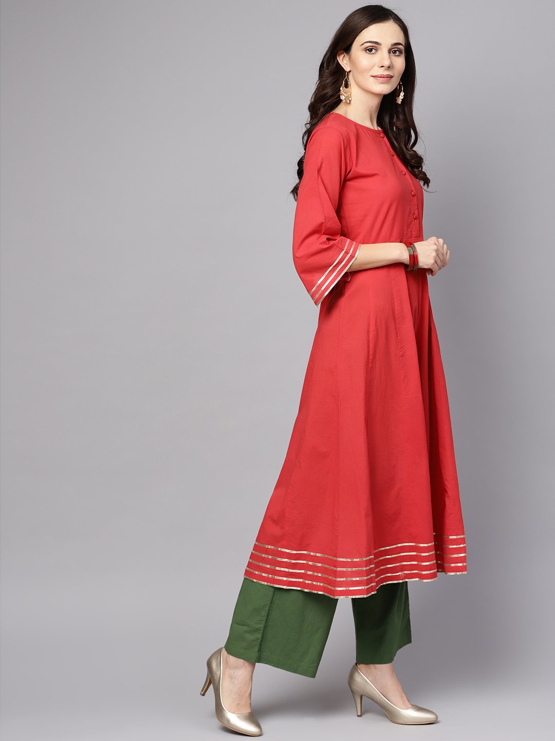 Coral Pink 3/4th sleeve a-line cotton kurta with palazzo | NOZ2TOZ - Made In INDIA.