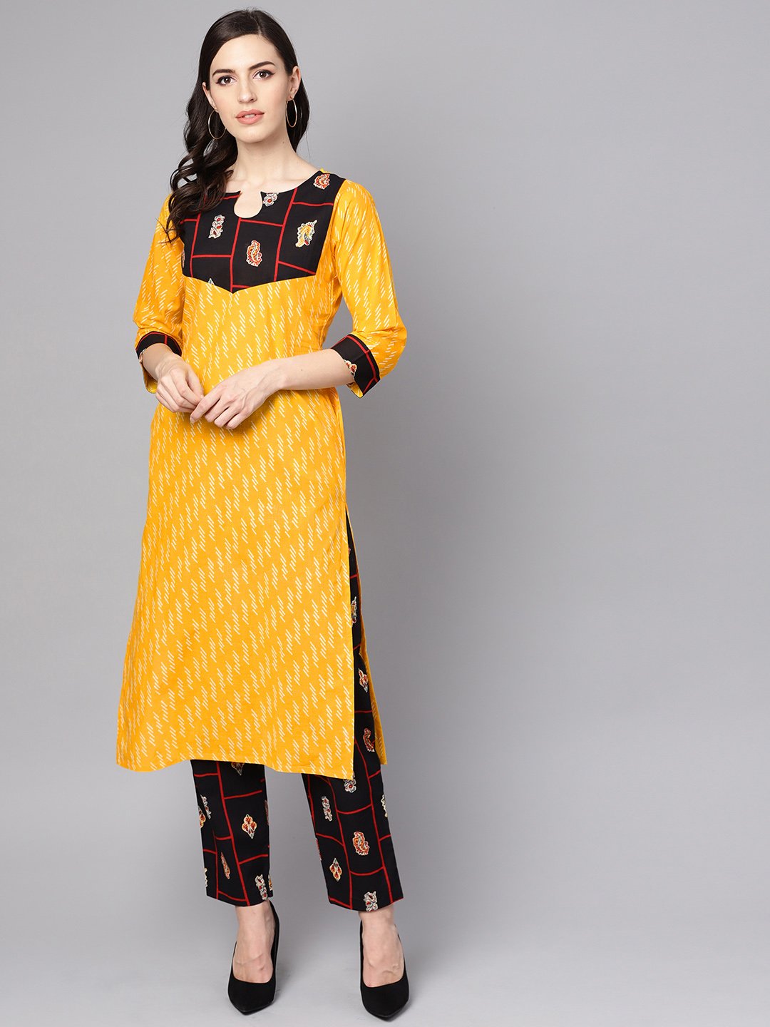 Yellow 3/4th sleeve cotton kurta with navy blue ankle length palazzo | NOZ2TOZ - Made In INDIA.