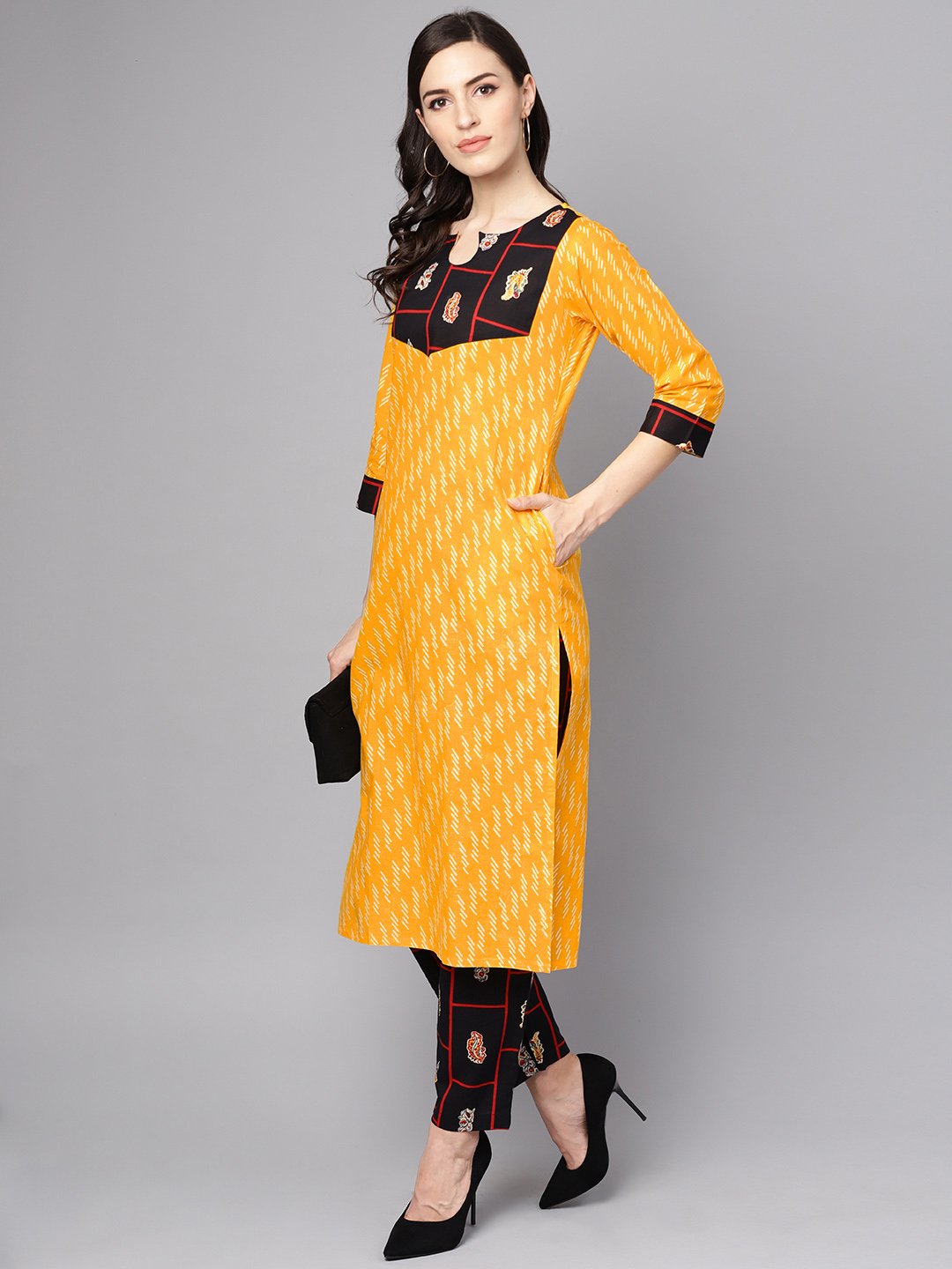 Yellow 3/4th sleeve cotton kurta with navy blue ankle length palazzo | NOZ2TOZ - Made In INDIA.