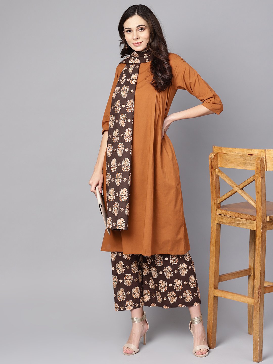 Solid Mustard Kurta set with Chocolate brown Printed Palazzo & Dupatta | NOZ2TOZ - Made In INDIA.