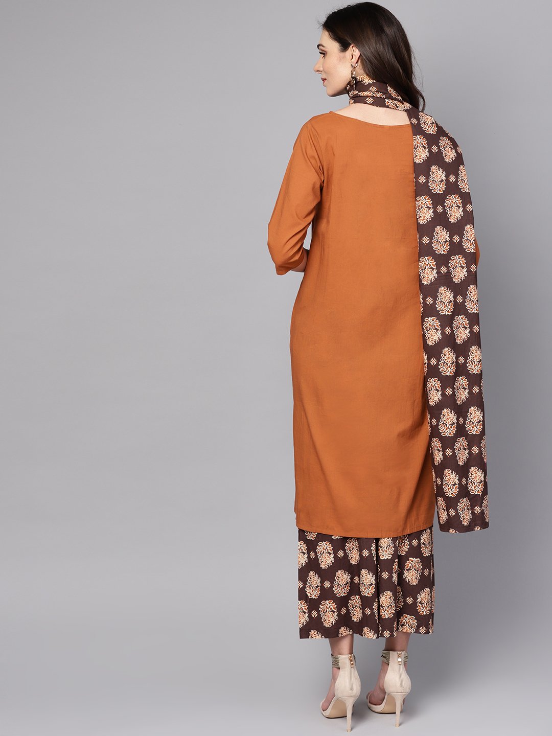 Solid Mustard Kurta set with Chocolate brown Printed Palazzo & Dupatta | NOZ2TOZ - Made In INDIA.