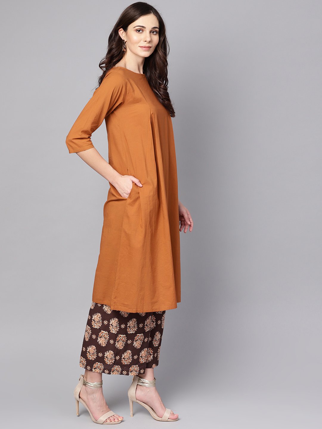 Solid Mustard Kurta set with Chocolate brown Printed Palazzo & Dupatta | NOZ2TOZ - Made In INDIA.