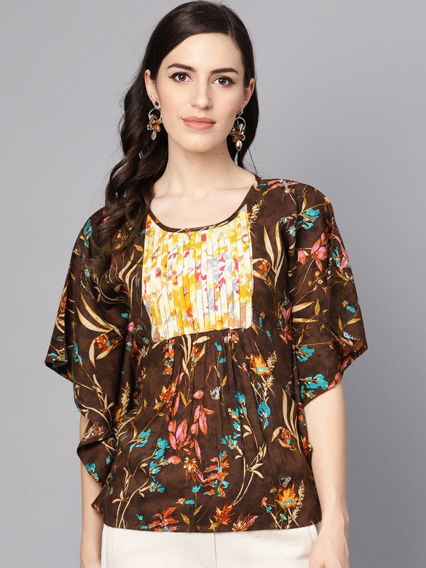 Chocolate Brown Multi colored  Kaftaan Top with Pleated Yoke | NOZ2TOZ - Made In INDIA.