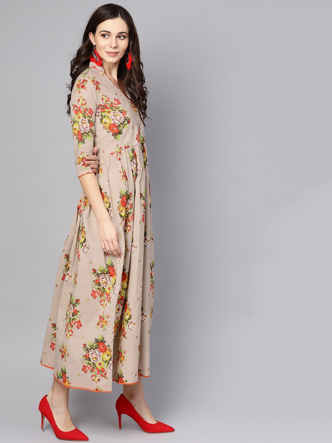 Beige Multi Colored Angrakha style Maxi Dress emblished with tassels | NOZ2TOZ - Made In INDIA.