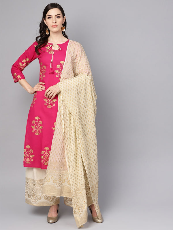 Cream Gold Printed Three Piece Kurta set With Palazzo & Dupatta | NOZ2TOZ - Made In INDIA.