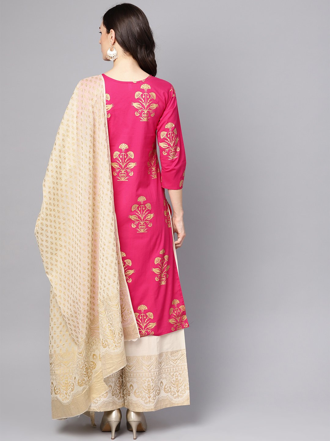 Cream Gold Printed Three Piece Kurta set With Palazzo & Dupatta | NOZ2TOZ - Made In INDIA.