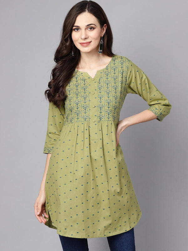 Green printed 3/4th sleeve cotton A-line kurta | NOZ2TOZ - Made In INDIA.