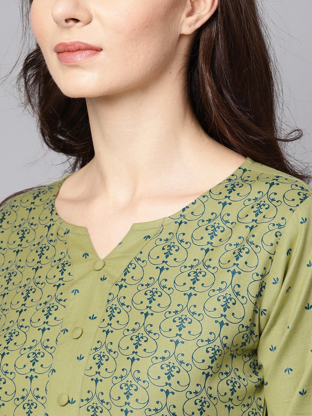 Green printed 3/4th sleeve cotton A-line kurta | NOZ2TOZ - Made In INDIA.