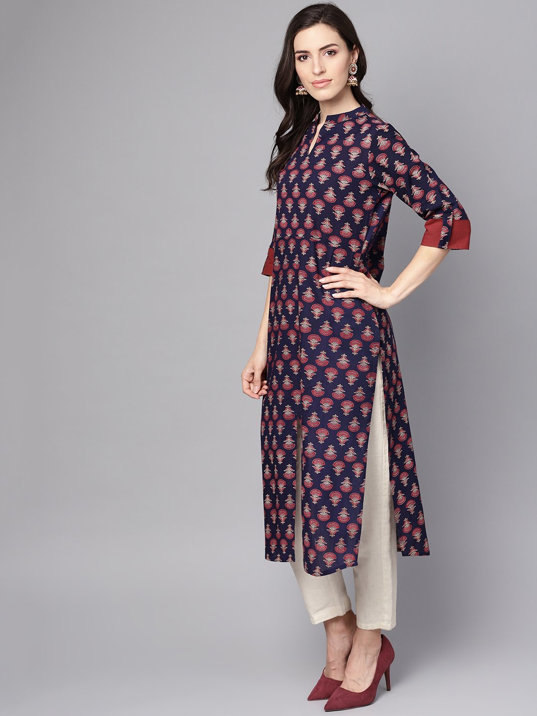 Blue printed 3/4th sleeve cotton straight kurta | NOZ2TOZ - Made In INDIA.