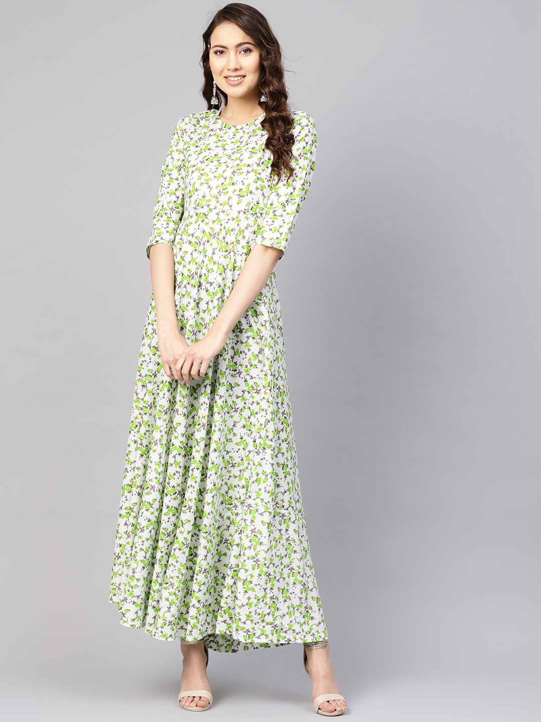 Women White & Green Floral Print Maxi Dress | NOZ2TOZ - Made In INDIA.