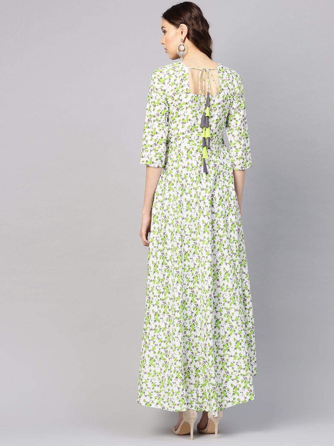 Women White & Green Floral Print Maxi Dress | NOZ2TOZ - Made In INDIA.