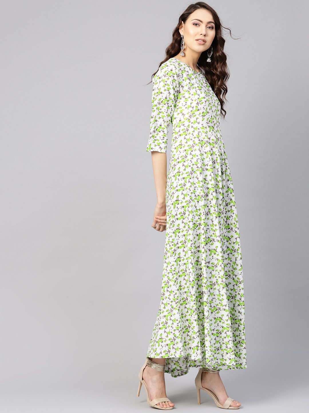 Women White & Green Floral Print Maxi Dress | NOZ2TOZ - Made In INDIA.