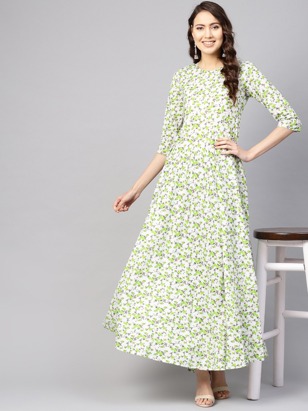 Women White & Green Floral Print Maxi Dress | NOZ2TOZ - Made In INDIA.