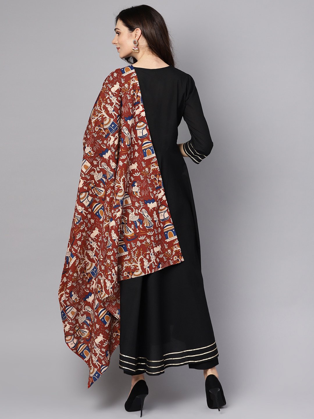 Black 3/4th sleeve cotton kurta with palazzo and printed dupatta | NOZ2TOZ - Made In INDIA.